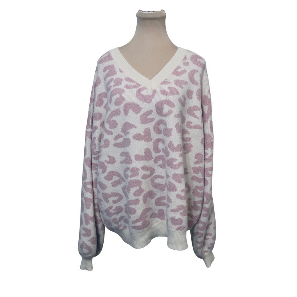 Meritt Women Sweater 2XL Pink White Leopard Print V-Neck Oversized Pullover